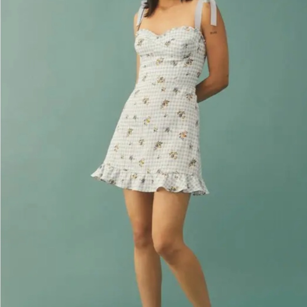 NWT Reformation Blue Gingham Floral Mini Dress